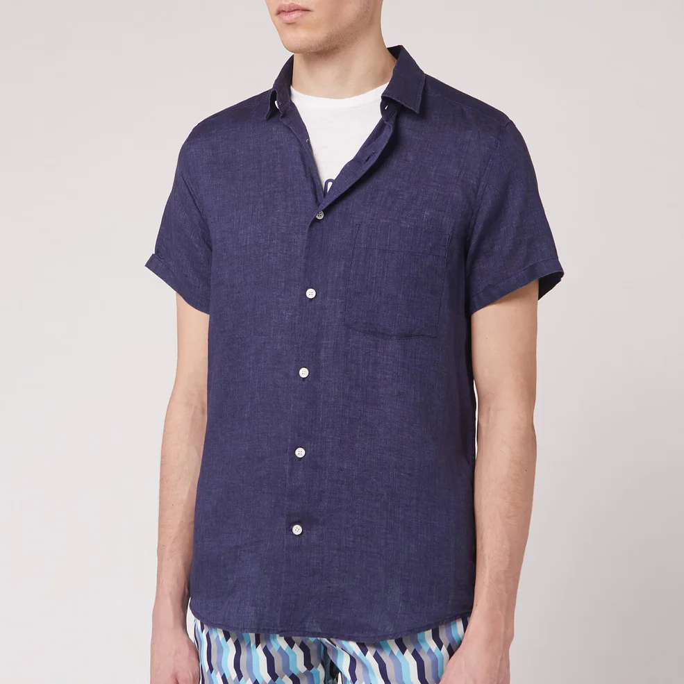 Frescobol Carioca Men's Linen Block Short Sleeve Shirt - Midnight Blue Image 1