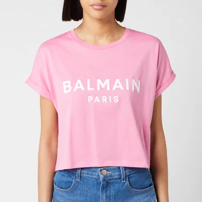 Balmain Women's Cropped Short Sleeve Logo T-Shirt - Rose/Blanc
