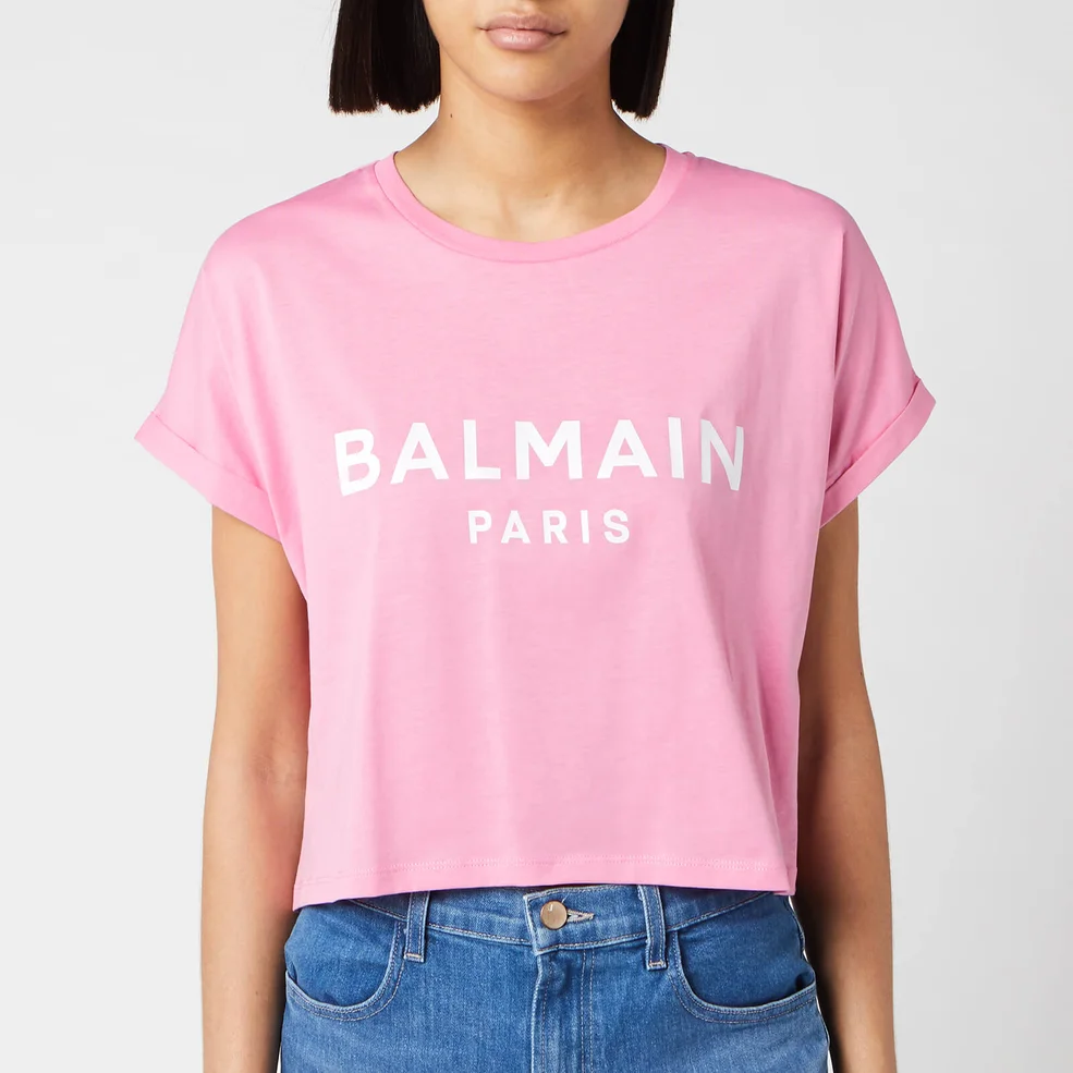 Balmain Women's Cropped Short Sleeve Logo T-Shirt - Rose/Blanc Image 1