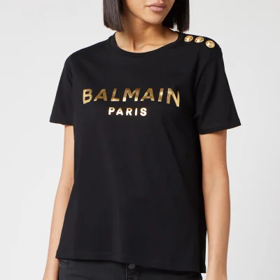 Balmain Women's Short Sleeve 3 Button Metallic Logo T-Shirt - Black/Gold