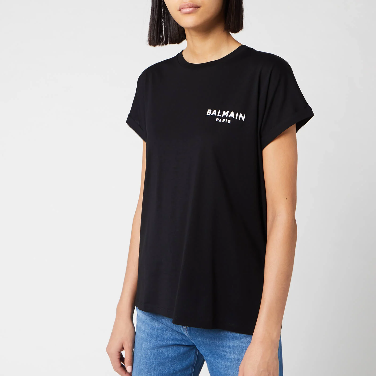Balmain Women's Short Sleeve Flocked Logo Detail T-Shirt - Black Image 1