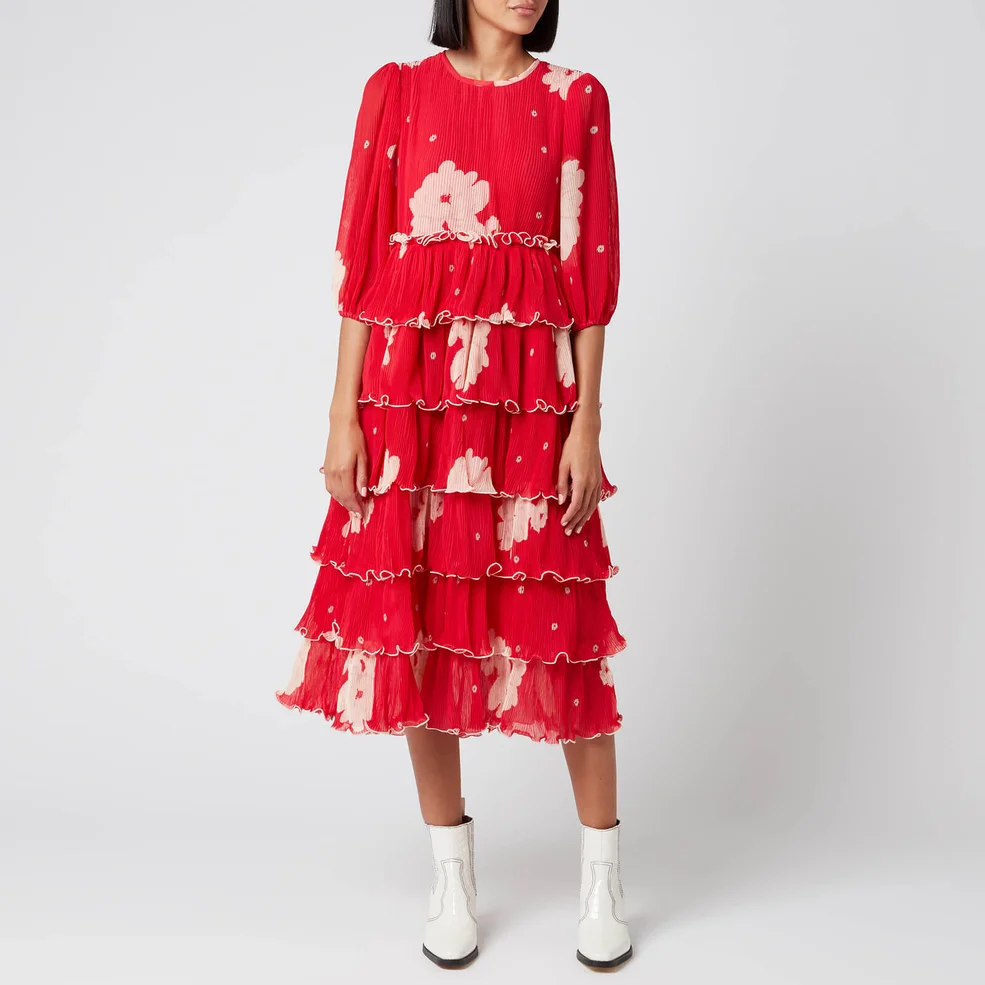 Ganni Women's Floral Pleat Georgette Midi Dress - Lollipop Image 1
