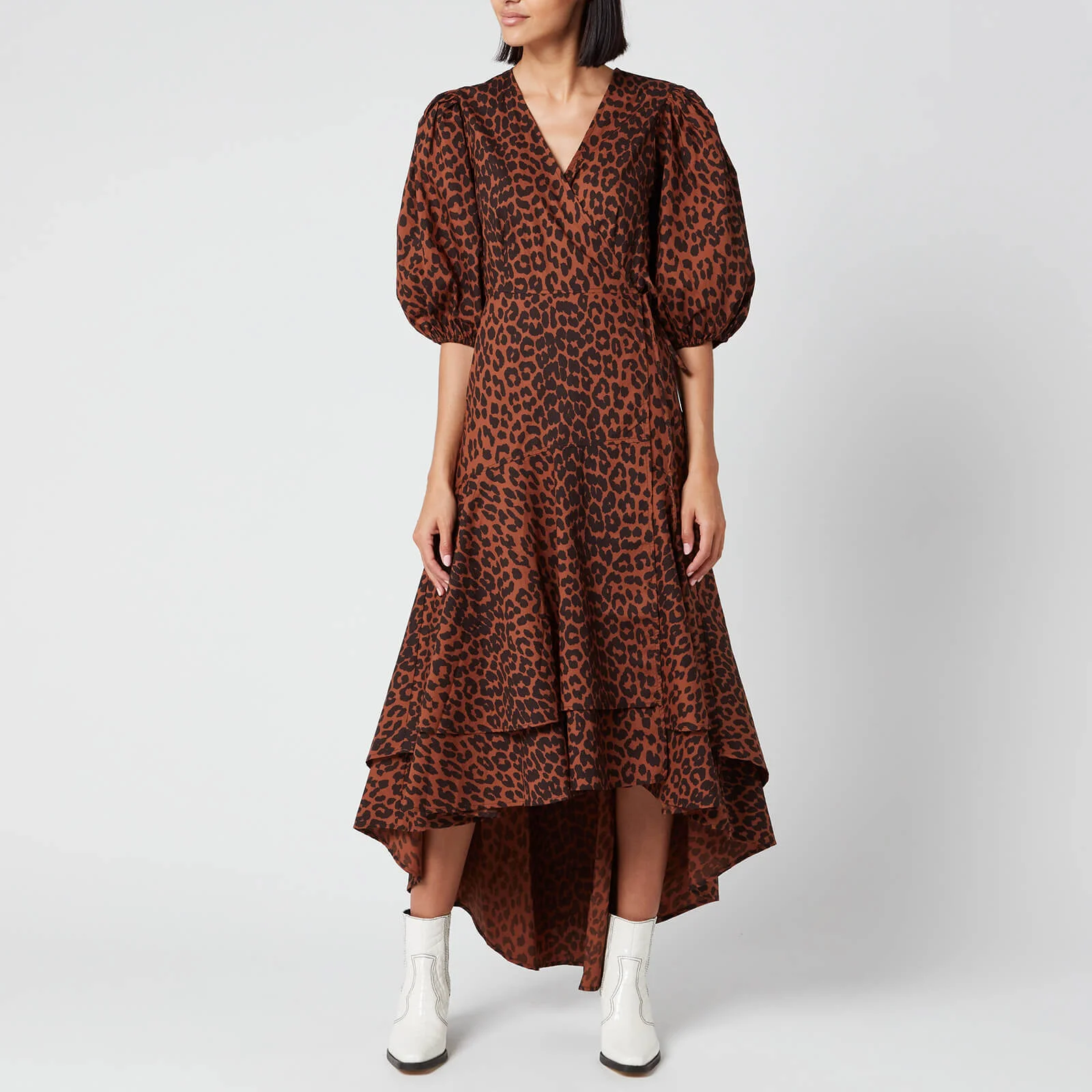 Ganni Women's Leopard Print Cotton Poplin Wrap Dress - Toffee Image 1