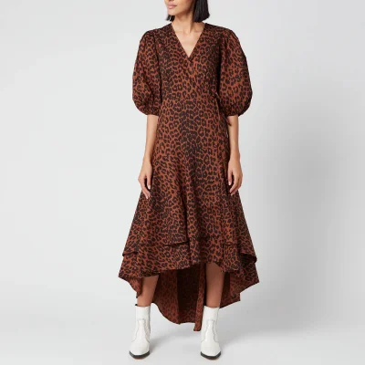 Ganni Women's Leopard Print Cotton Poplin Wrap Dress - Toffee