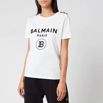 Balmain Women's Short Sleeve 3 Button Flocked Logo T-Shirt - White