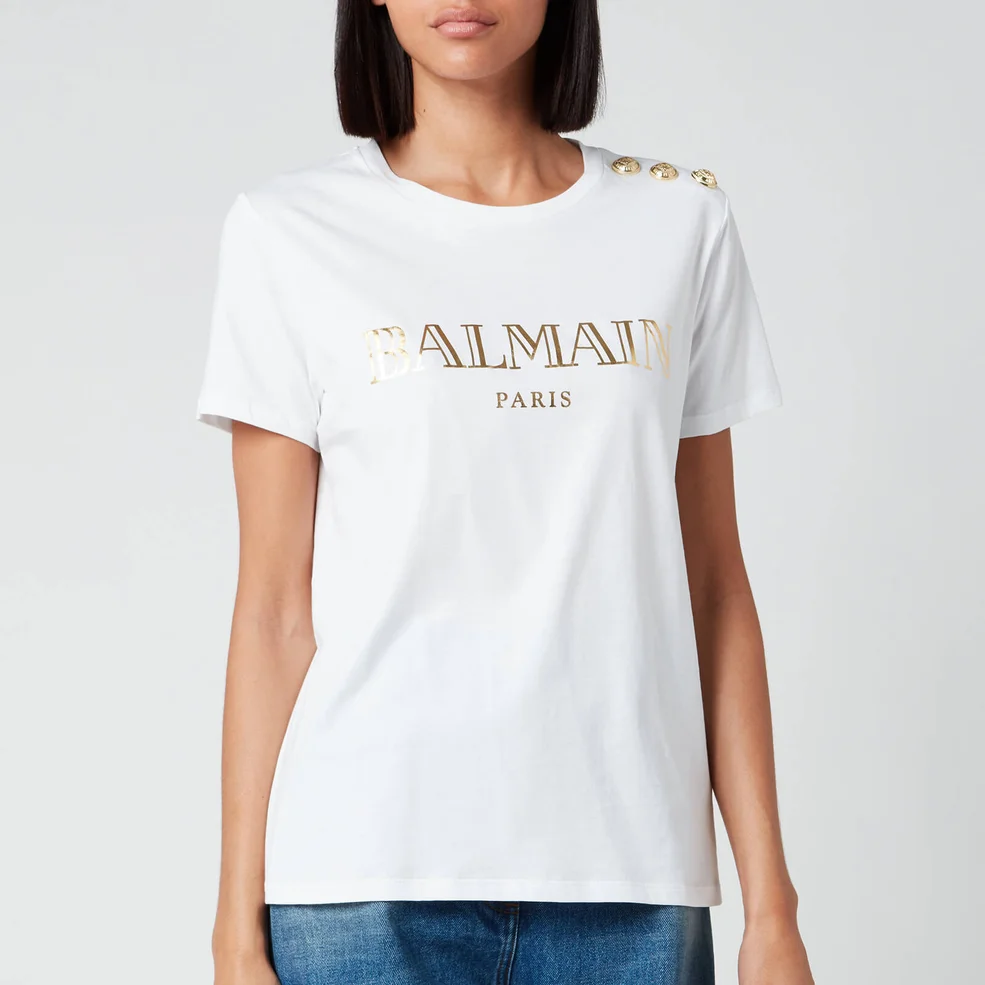 Balmain Women's Short Sleeve 3 Button Vintage Logo T-Shirt - White Image 1