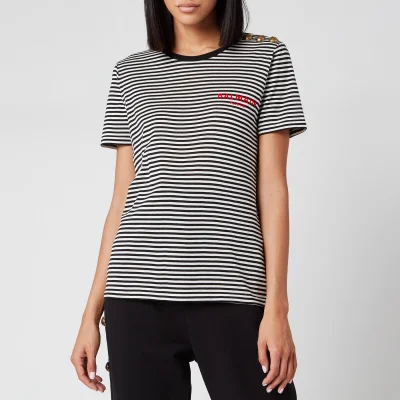 Balmain Women's Short Sleeve 3 Button Striped Logo Detail T-Shirt - Black
