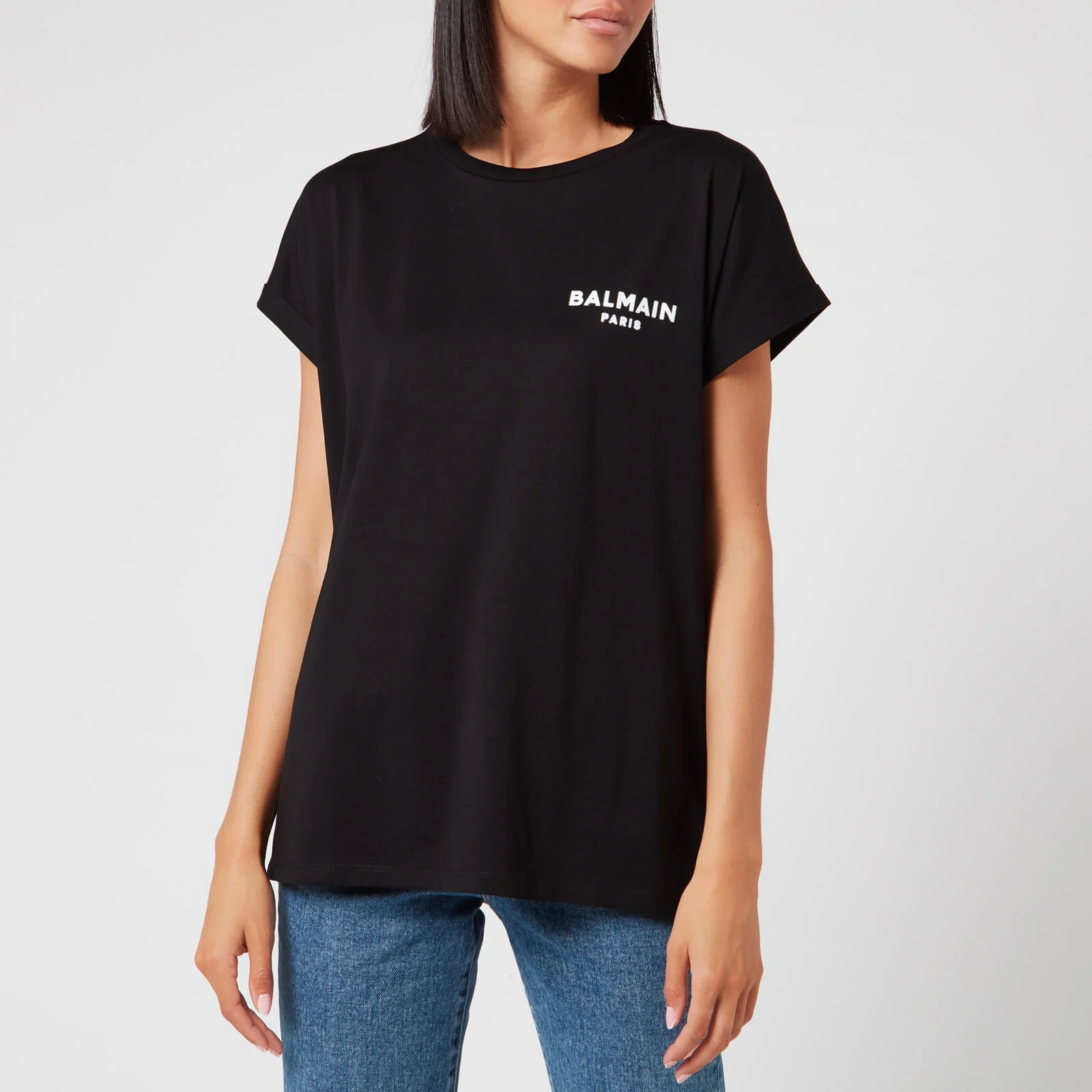 Balmain Women's Short Sleeve Flocked Logo Detail T-Shirt - Black Image 1