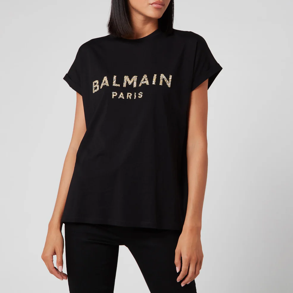 Balmain Women's Short Sleeve Sequined Logo T-Shirt - Black Image 1