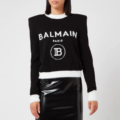 Balmain Women's Cropped Fuzzy Logo Sweatshirt - Black