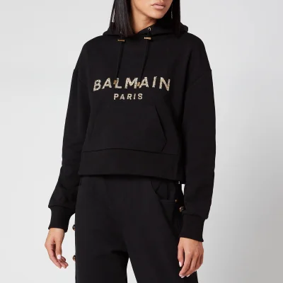 Balmain Women's Cropped Sequined Logo Hoodie - Black