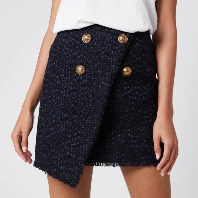 Balmain Women's Asymmetric 4 Button Tweed Wrap Skirt - Blue