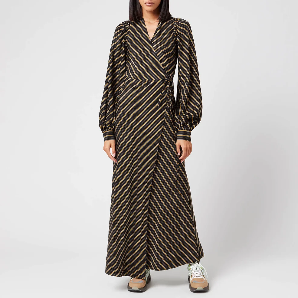 Ganni Women's Viscose Stripe Wrap Dress - Black Image 1