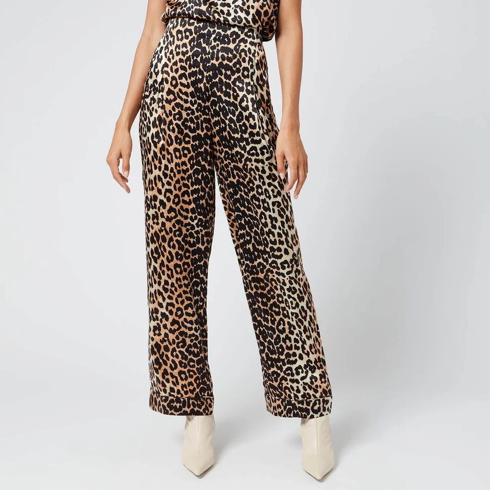 Ganni Women's Silk Stretch Satin Trousers - Leopard Image 1