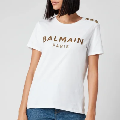 Balmain Women's 3 Button Bronze Logo T-Shirt - White
