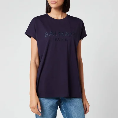 Balmain Women's Satin Logo T-Shirt - Navy