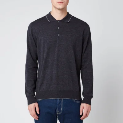Canali Men's Long Sleeve Wool Tip Button Polo Shirt - Navy