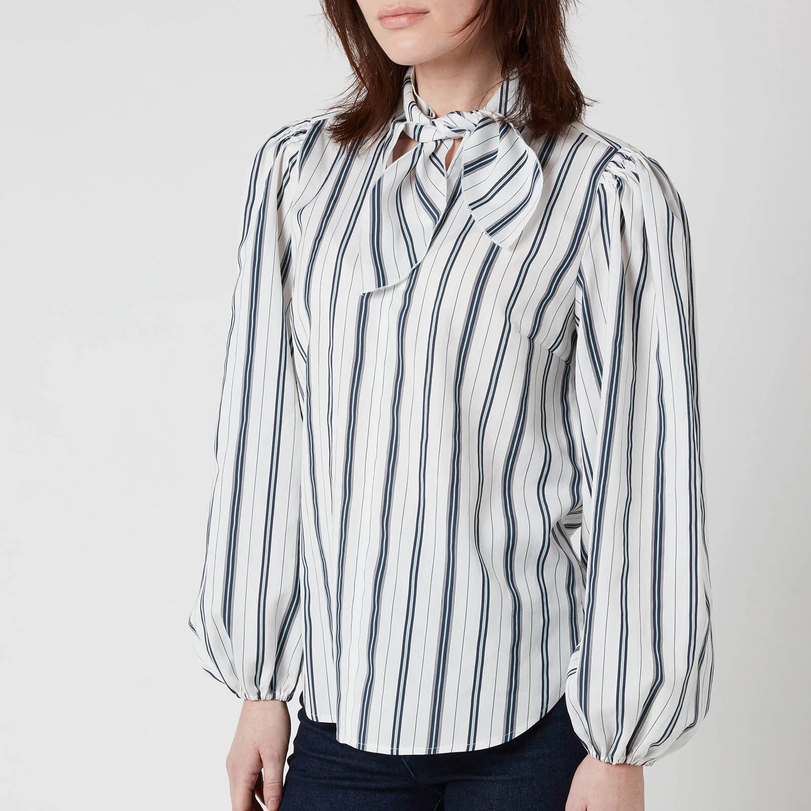 See by Chloé Women's Tie Neck Striped Shirt - White Blue Image 1
