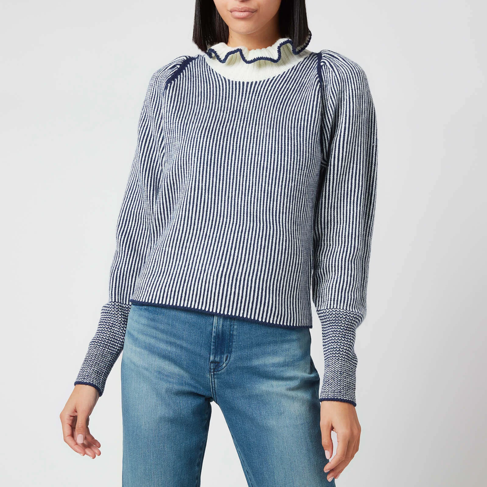 See by Chloé Women's High Frill Neck Jumper - Blue White Image 1