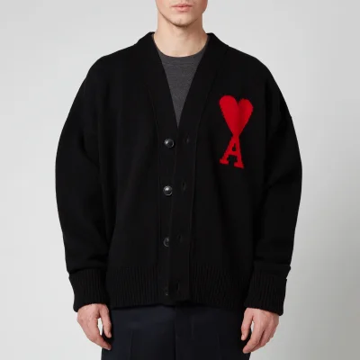 AMI Men's Intarsia Knit Oversized De Coeur Cardigan - Black