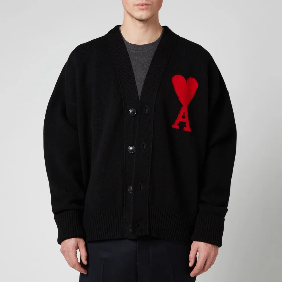 AMI Men's Intarsia Knit Oversized De Coeur Cardigan - Black Image 1