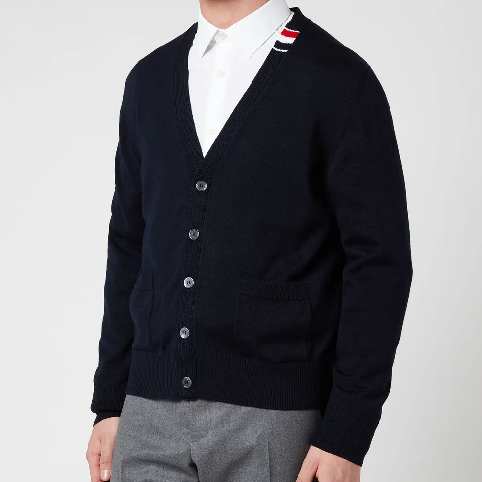 Thom Browne Men's Tricolour Tab Relaxed Fit V-Neck Cardigan - Navy Image 1