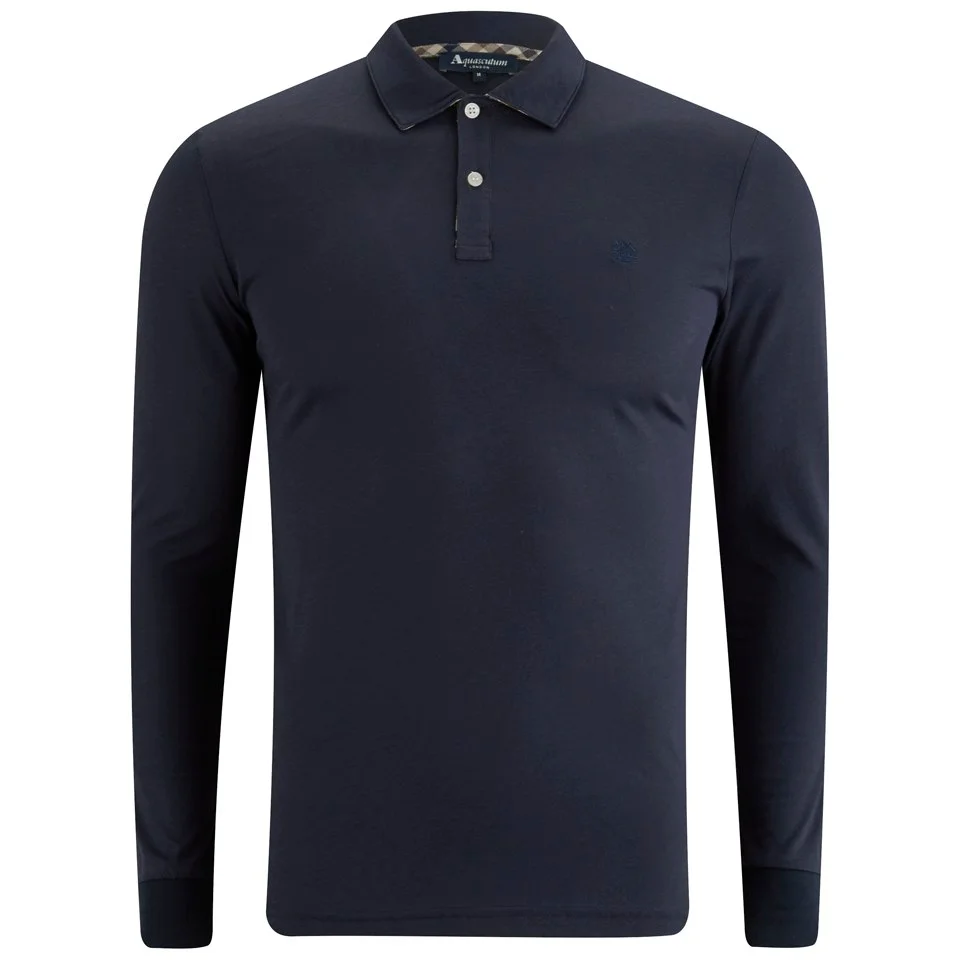 Aquascutum Men's Kendrick LS Jersey Polo Shirt with Under-Collar Check - Navy Image 1