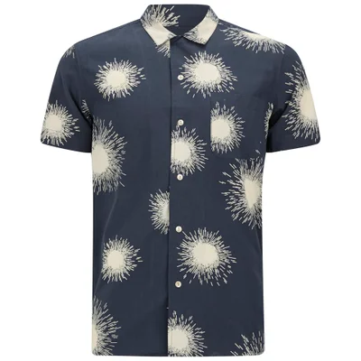 YMC Men's Loop Collar Short Sleeve Shirt - Navy/Cream Firework Print