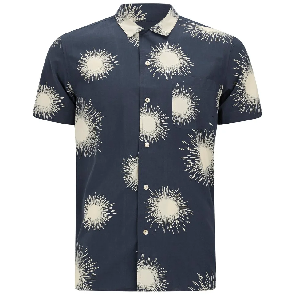 YMC Men's Loop Collar Short Sleeve Shirt - Navy/Cream Firework Print Image 1
