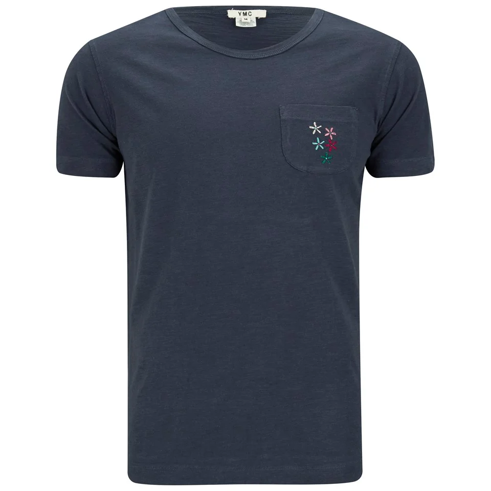 YMC Men's Flower Embroidered Cotton Slub Jersey T-Shirt - Navy Image 1