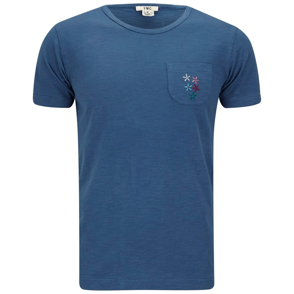YMC Men's Flower Embroidered Cotton Slub Jersey T-Shirt - Blue Image 1