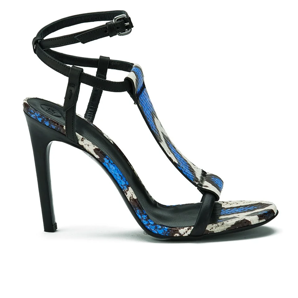 McQ Alexander McQueen Women's Stow Snake Leather T-Bar Heeled Sandals - Blue/White/Black Image 1