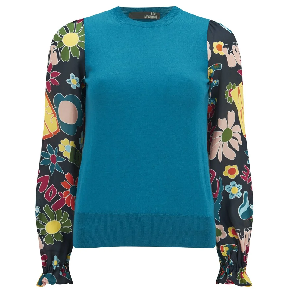 Love Moschino Women's Fine Knitted Jumper with Chiffon Sleeves - Teal Image 1