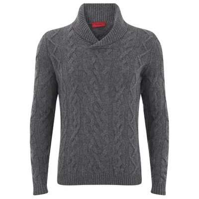 HUGO Men's Scable Shawl-Neck Cable Knitted Jumper - Light Grey