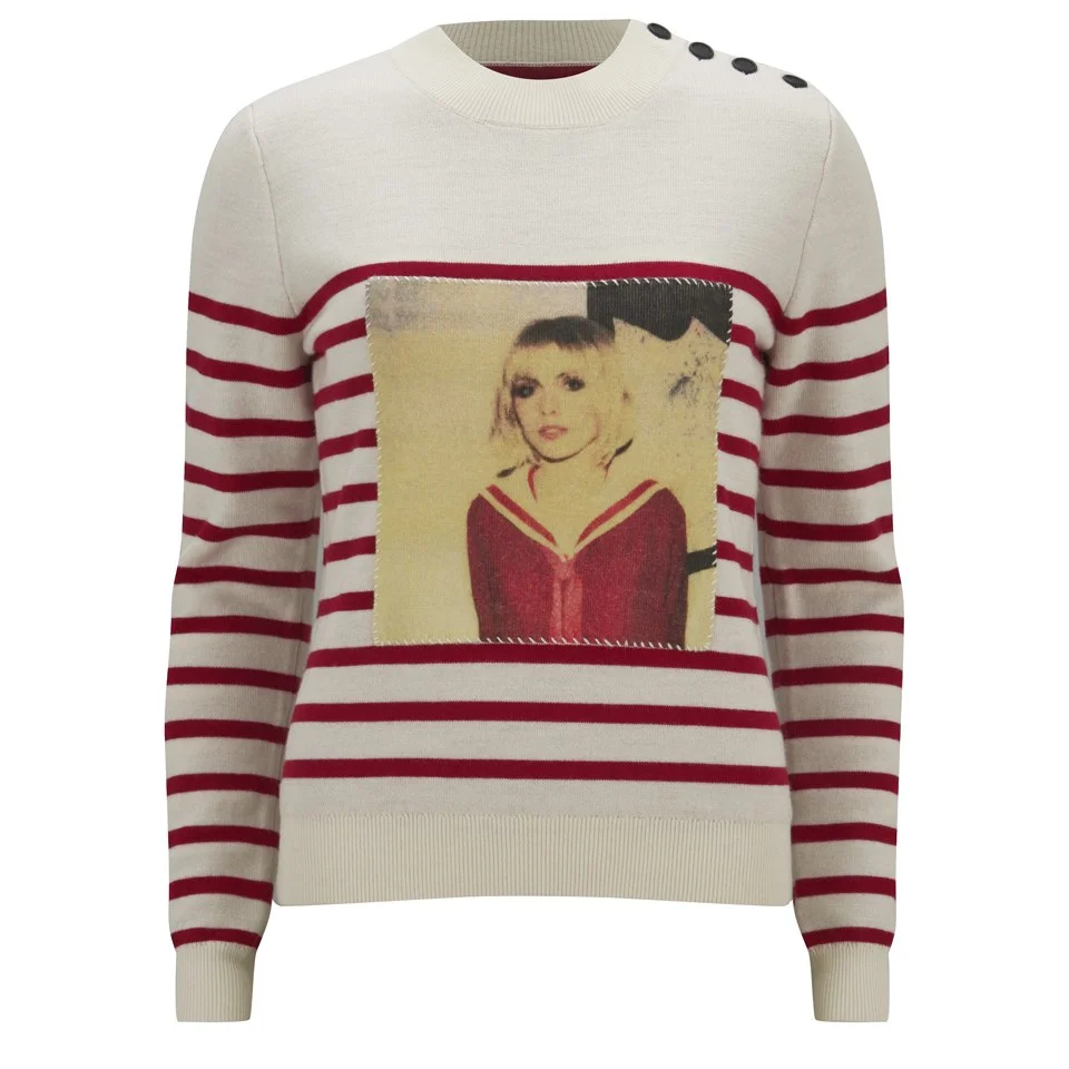 Each X Other Women's Maripol Debby Harry Printed Patch Stitched on Marin Knitted Sweater with Shoulder Buttons - White/Red Image 1