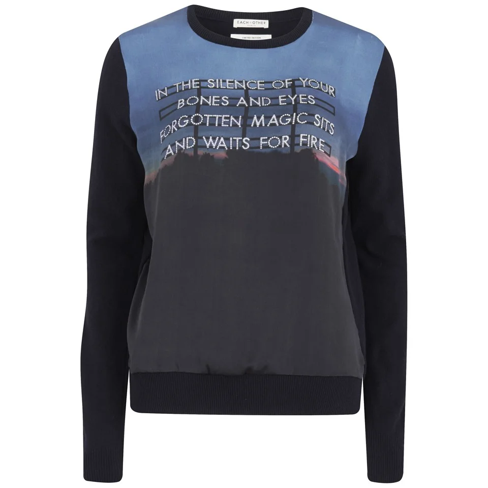 Each X Other Women's Robert Montgomery Big Rib R-Neck Knitted Sweater with Printed Silk Panel - Navy Image 1