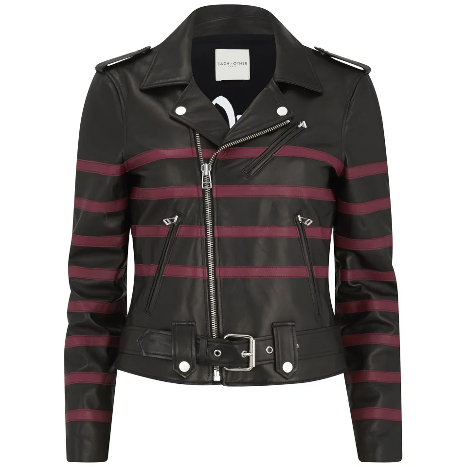 Each X Other Women's Striped Leather Bands Biker Leather Jacket - Black/Red Image 1