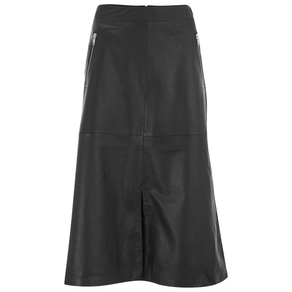 Gestuz Women's Zola Leather Midi Skirt with Front Slit and Zip Detail - Black Leather Image 1