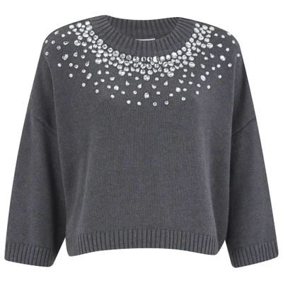 MICHAEL MICHAEL KORS Women's Embellished Neck Cropped Sweatshirt - Grey