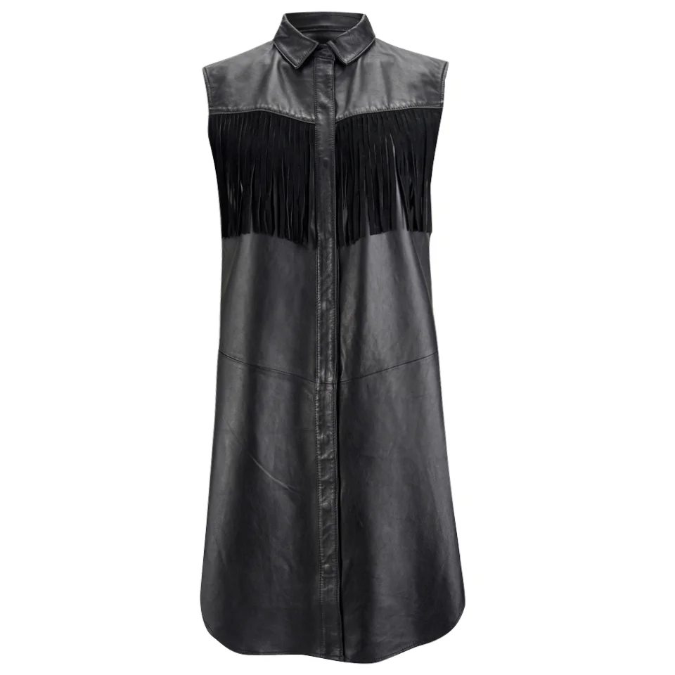 Ganni Women's Leather Fringed Shirt Dress - Black Image 1