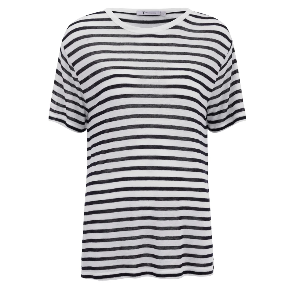 T by Alexander Wang Women's Stripe Rayon Linen Short Sleeve T-Shirt - Ink and Ivory Image 1