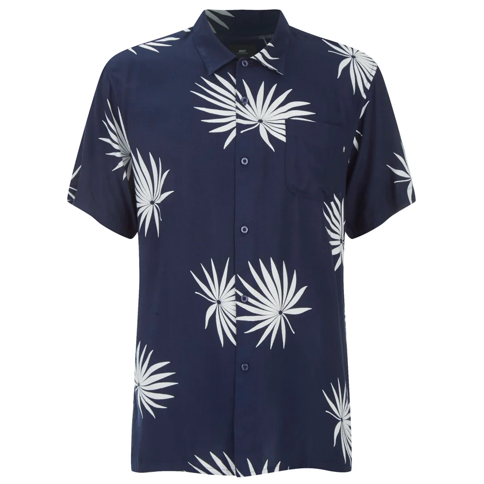 OBEY Clothing Men's Palm Fan Woven Short Sleeve Shirt - Navy/White Print Image 1