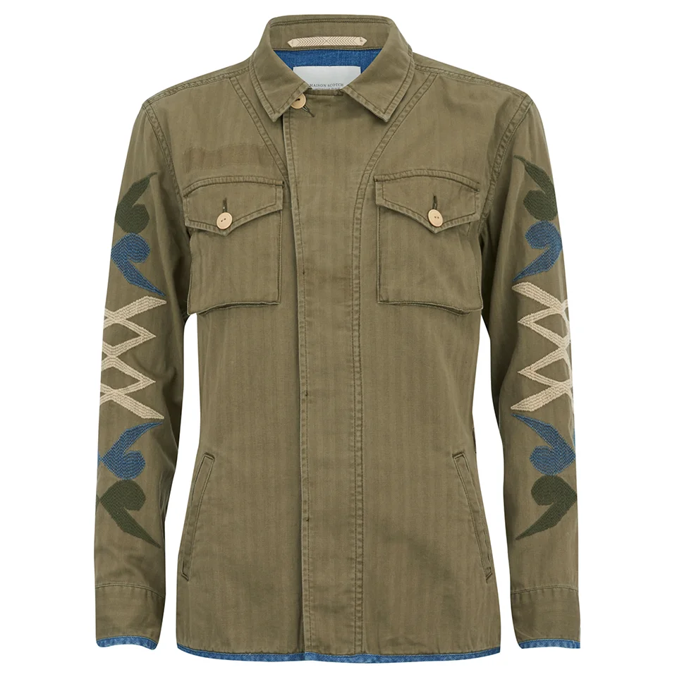 Maison Scotch Women's Army Inspired Shirt Jacket with Denim Detailing and Embroidered Sleeves - Green Image 1