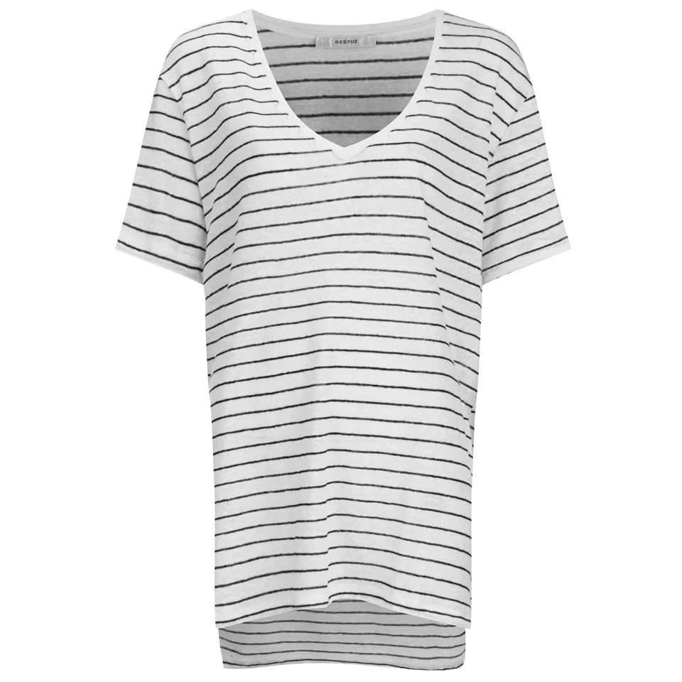 Gestuz Women's Marie Striped V-Neck Linen T-Shirt - Off White/Black Image 1