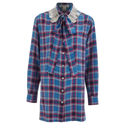 Marc by Marc Jacobs Women's Oversized Button Up Collar Embelished Shirt - Blue/Red
