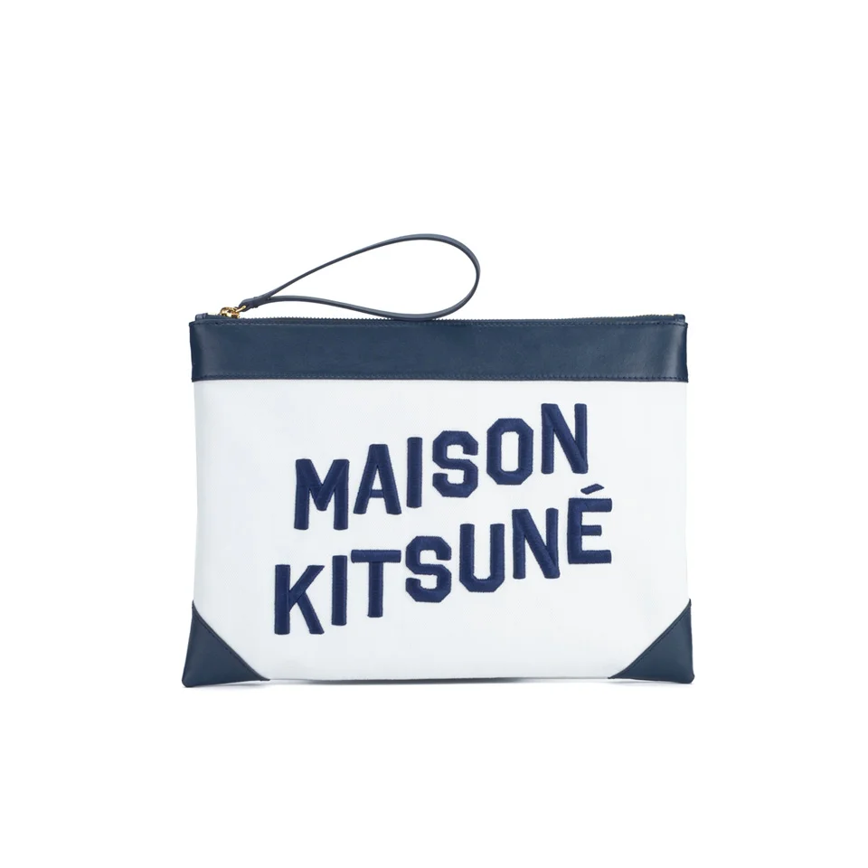 Maison Kitsuné Women's Large Canvas & Leather Clutch Bag - White Navy Image 1
