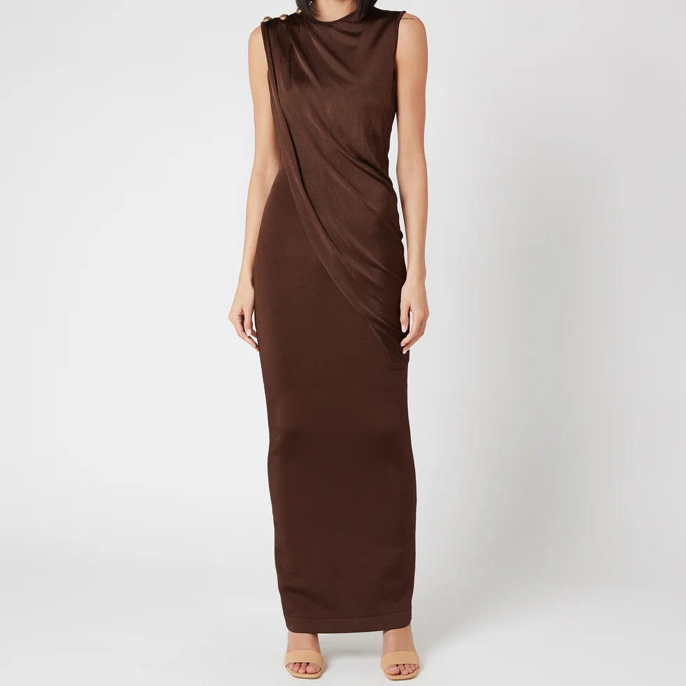 Balmain Women's Long Sleeveless Asymmetric Draped Dress - Dark Brown Image 1