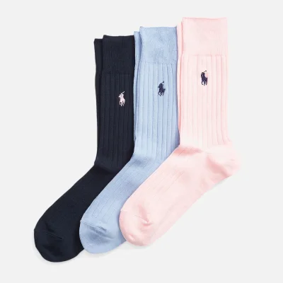 Polo Ralph Lauren Men's Ribbed Egyptian Cotton 3 Pack Socks - Heather Pink/Light Blue/Cruise Navy