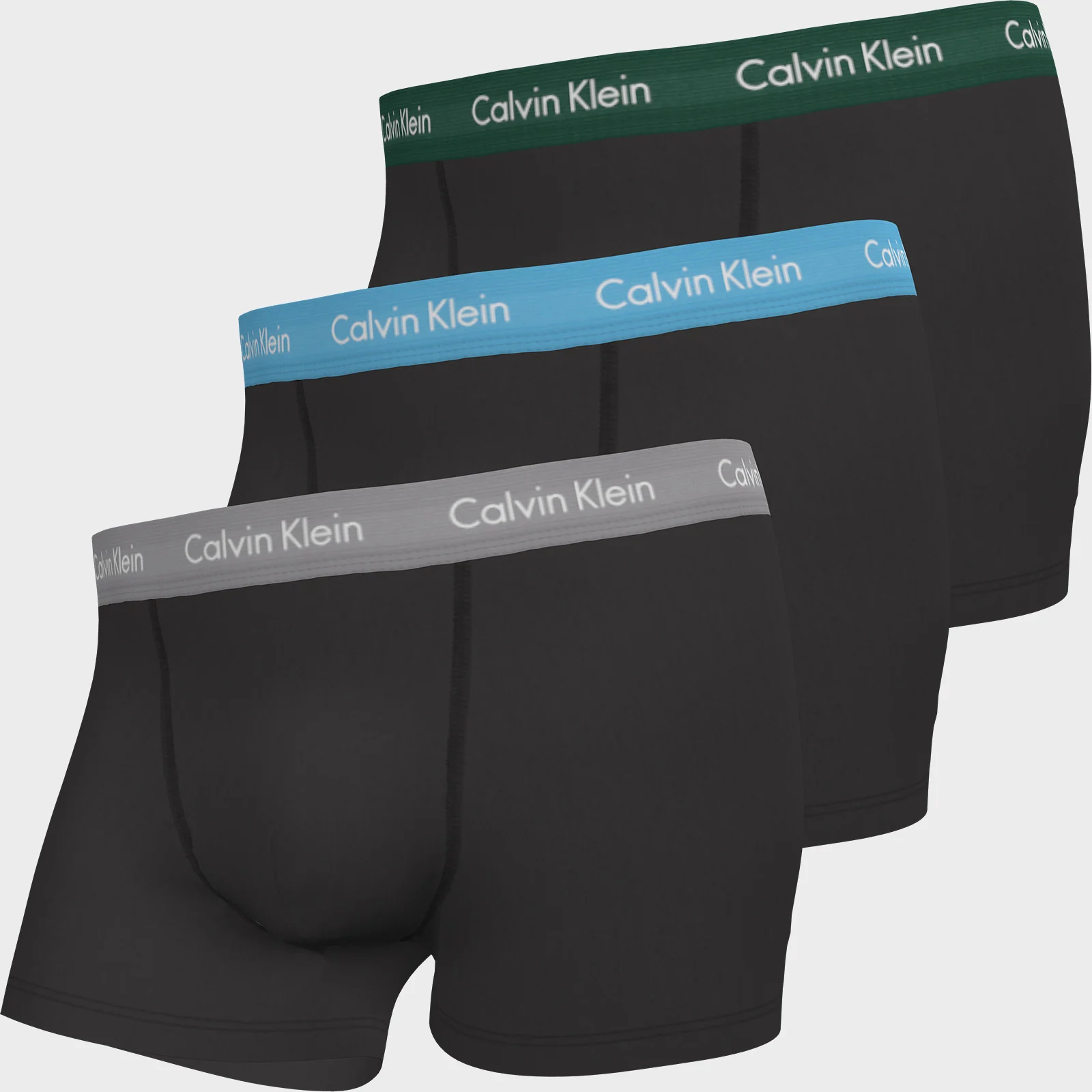 Calvin Klein Men's Cotton Stretch 3 Pack Trunks with Contrast Waistband - B-Jade Sea/Sky High/Sleek Silver Image 1