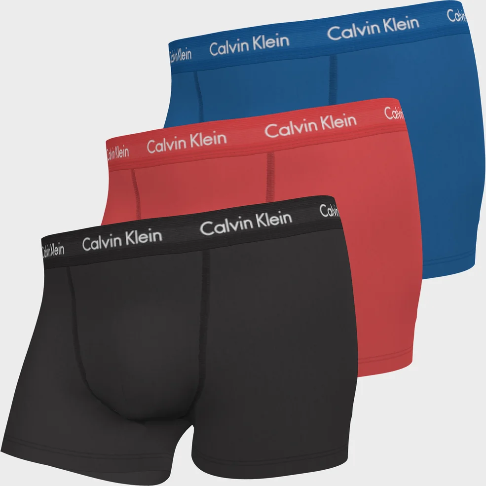Calvin Klein Men's Cotton Stretch 3 Pack Trunks with Contrast Waistband - Kettle Blue/Strawberry Field/Black Image 1